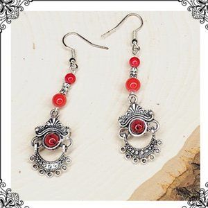 Tibetan Silver Earrings with Red Beads